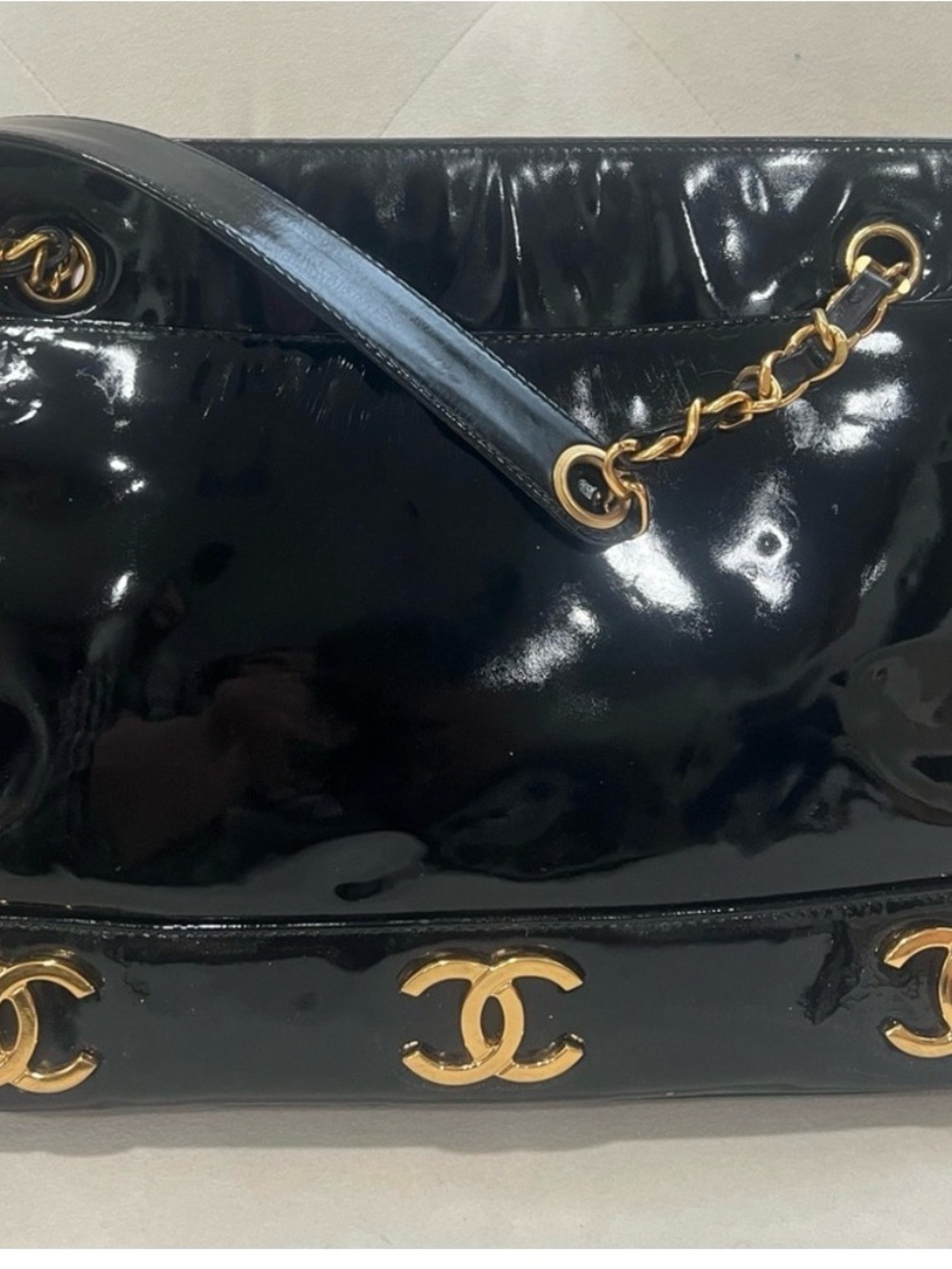 Vintage CHANEL Black Patent Leather Shoulder Bag with 24k Gold Chain Trim 90s